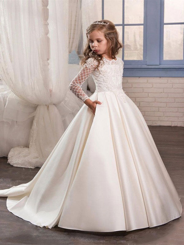 Cute Kids Long Sleeve Lace First Communion Dresses-showprettydress