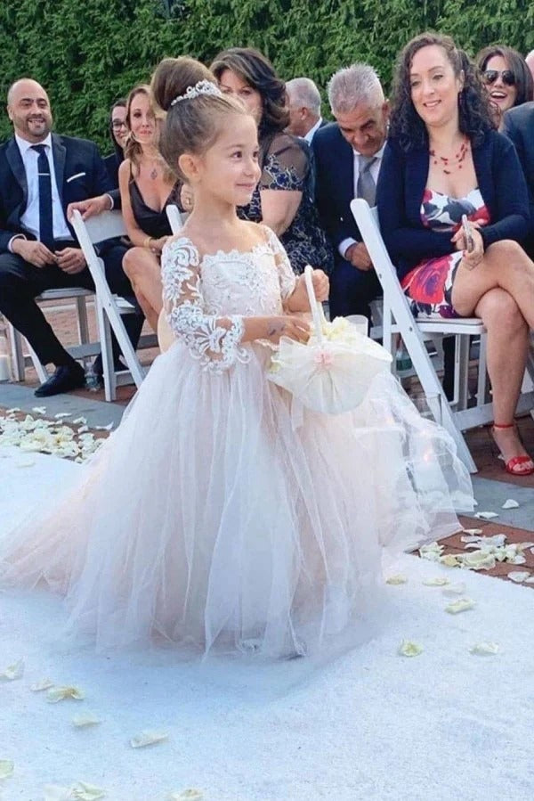 Cute Long Boho Lace Flower Girl Dresses with sleeves-showprettydress