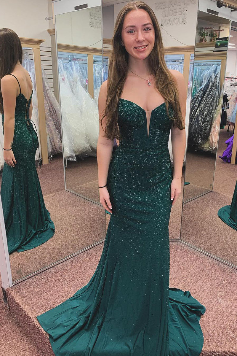 Roycebridal Dark Green Spaghetti Straps Beaded Mermaid Long Prom Dresses