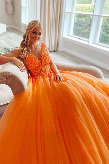 Roycebridal Marigold |A-Line V-Neck Long Tulle Prom Dress with Appliques