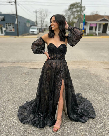 Roycebridal Trina | Cute A Line Sweetheart Black Sequins Long Prom Dresses