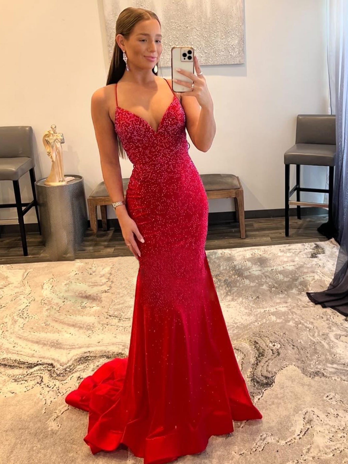 Roycebridal Malia |Mermaid V Neck Red Glitter Satin Prom Dress