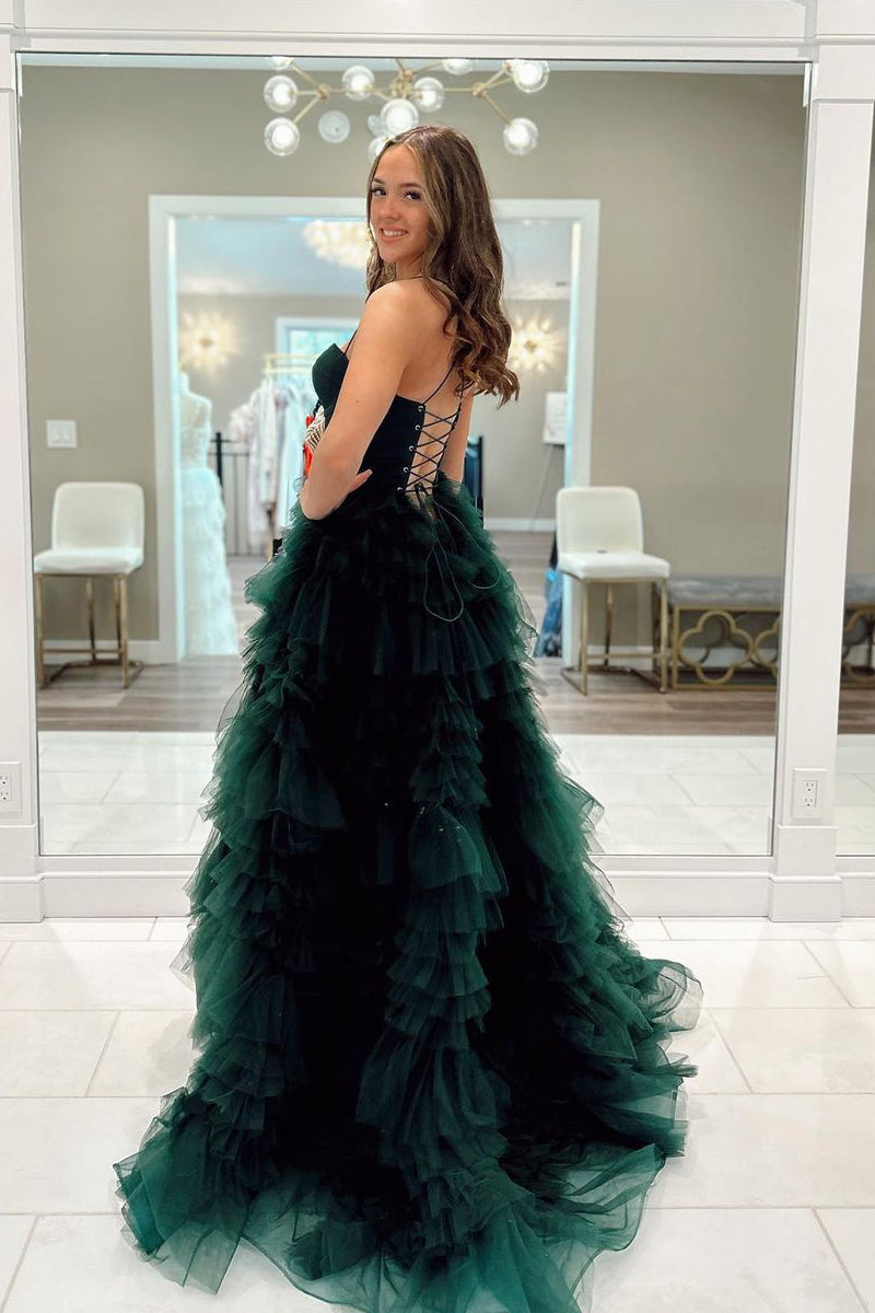 Roycebridal Dark Green Sweetheart Ruffle Tiered Tulle Long Prom Dresses with Slit