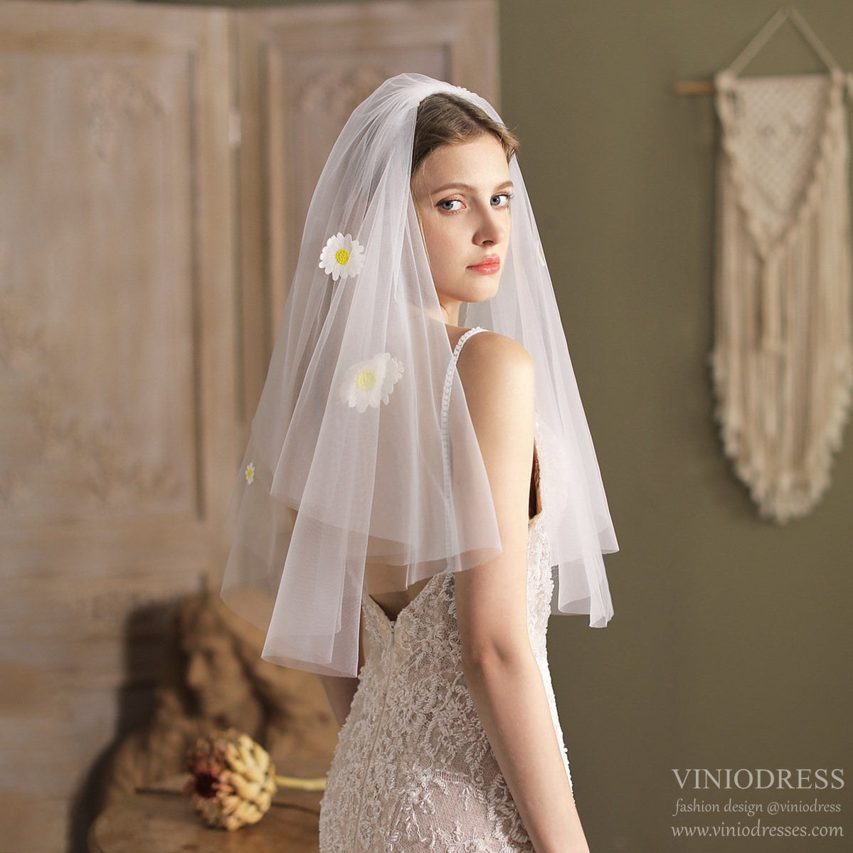 Daisy Bridal Veil with Blusher Elbow Lenght Veil-Accessories-Viniodress-Ivory-Viniodress