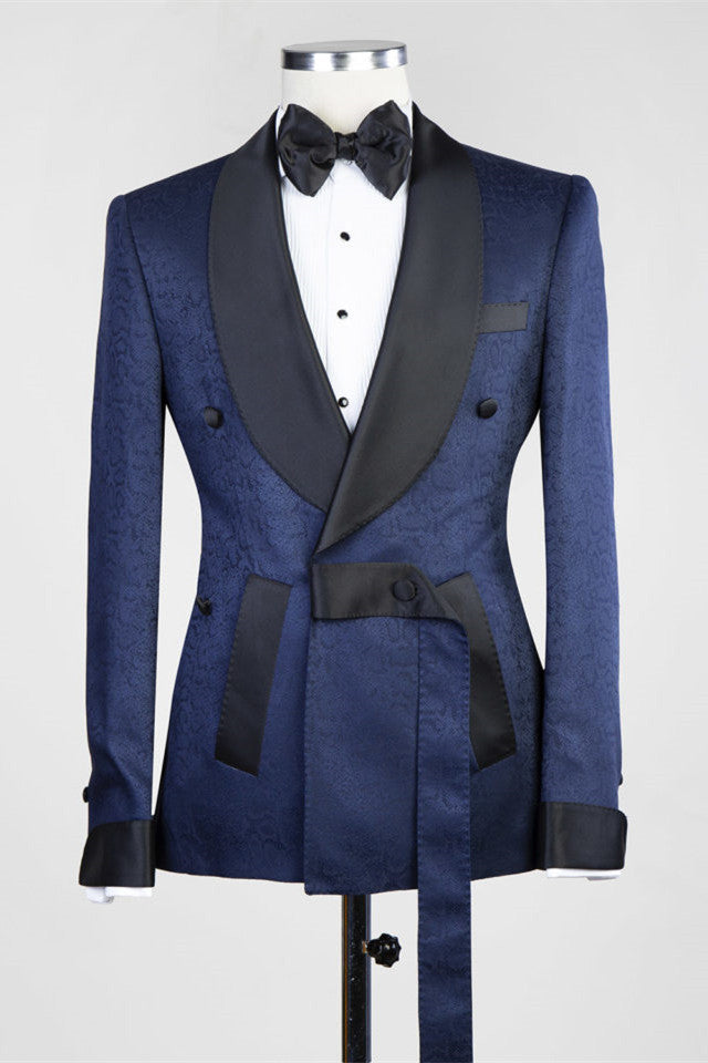 Dark Blue Jacquard Shawl Lapel Wedding Men Suits-showprettydress