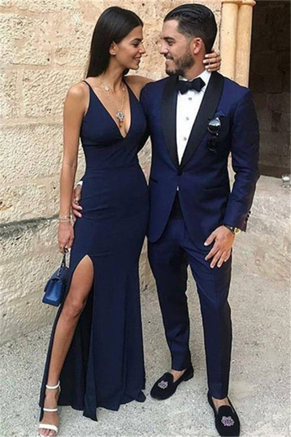 Dark Blue One Button Two-Piece Men's Prom Suits with Black Lapel-showprettydress