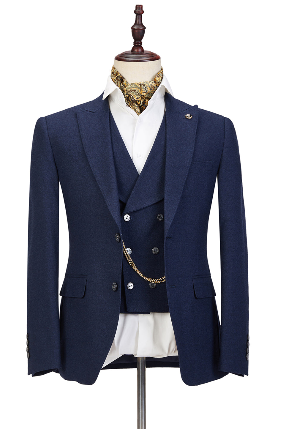 Dark Blue Three-piece Fashion Peaked Lapel Wedding Men Suits Sale-showprettydress