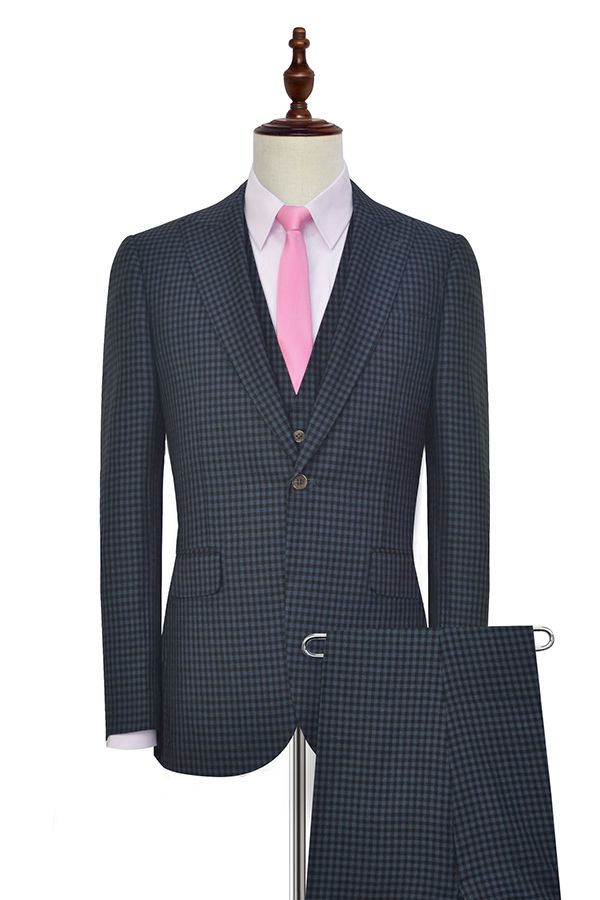 Dark Gray Small Check Three Piece Mens Suits One Button Formal Business Suits-showprettydress