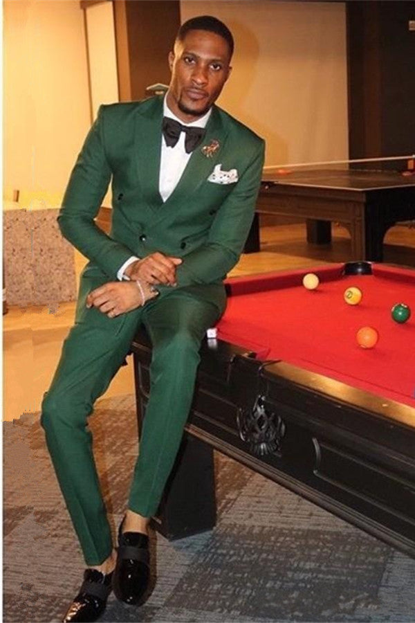 Dark Green Double Breasted Peaked Lapel Two Piece Mens Suit-showprettydress