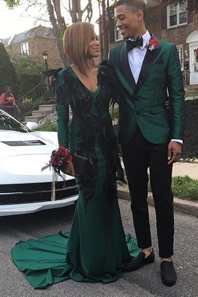 Dark Green Men's Suits for Prom 2 Piece Black Satin Lapel Wedding Tuxedo-showprettydress