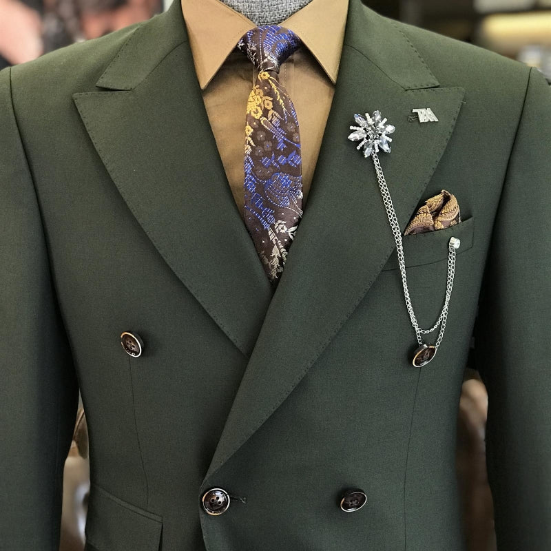 Alonzo Fancy Dark Green Peaked Lapel Double Breasted Prom Suits