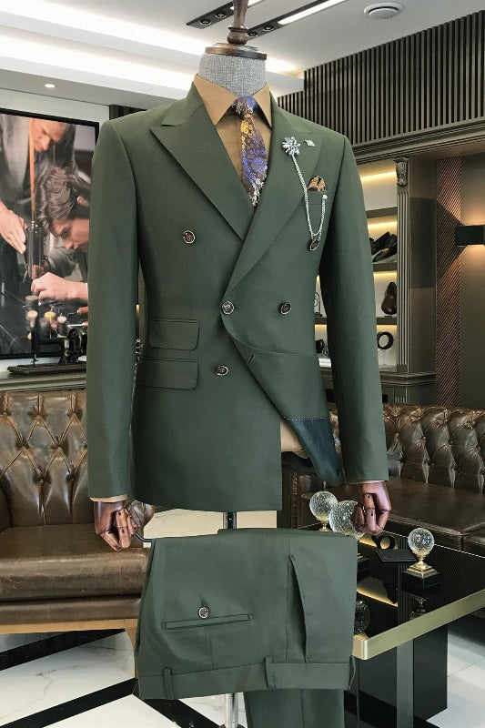 Alonzo Fancy Dark Green Peaked Lapel Double Breasted Prom Suits