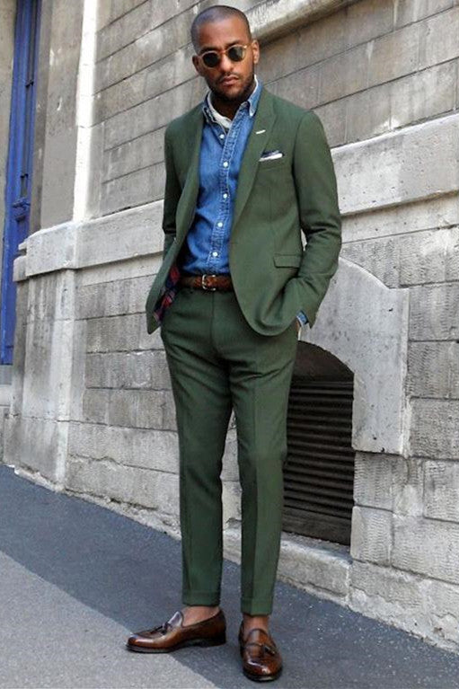 Dark Green Peaked Lapel Slim Fit Bespoke Men Suits-showprettydress