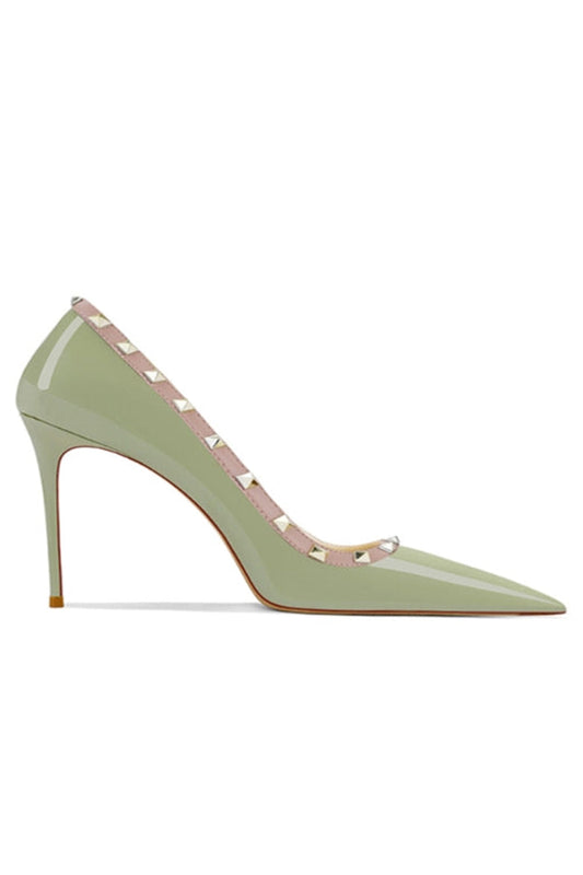 Dark Green Studded Mid Heel Pumps