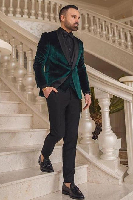 Dark Green Velvet Three Pieces Fashion Shawl Lapel Wedding Groom Suits-showprettydress