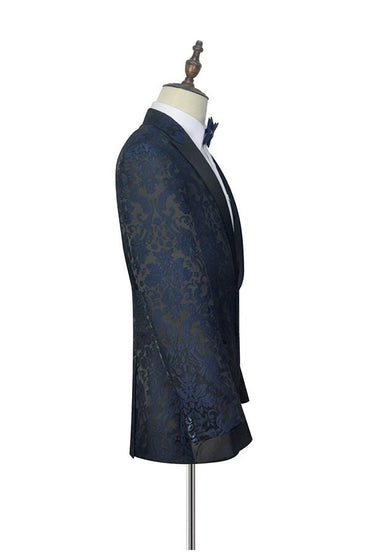 Dark Navy Jacquard Marriage Suits Black Silk Peak Lapel Mens Suits for Weddings-showprettydress