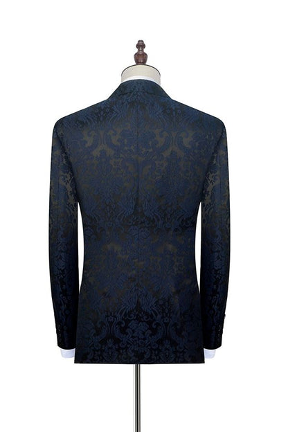 Dark Navy Jacquard Marriage Suits Black Silk Peak Lapel Mens Suits for Weddings-showprettydress