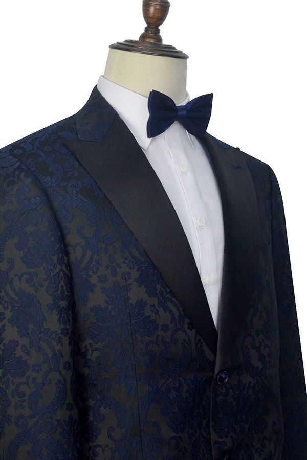 Dark Navy Jacquard Marriage Suits Black Silk Peak Lapel Mens Suits for Weddings-showprettydress