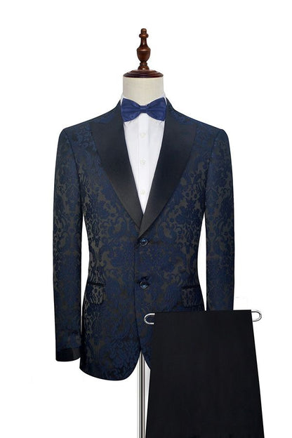 Dark Navy Jacquard Marriage Suits Black Silk Peak Lapel Mens Suits for Weddings-showprettydress