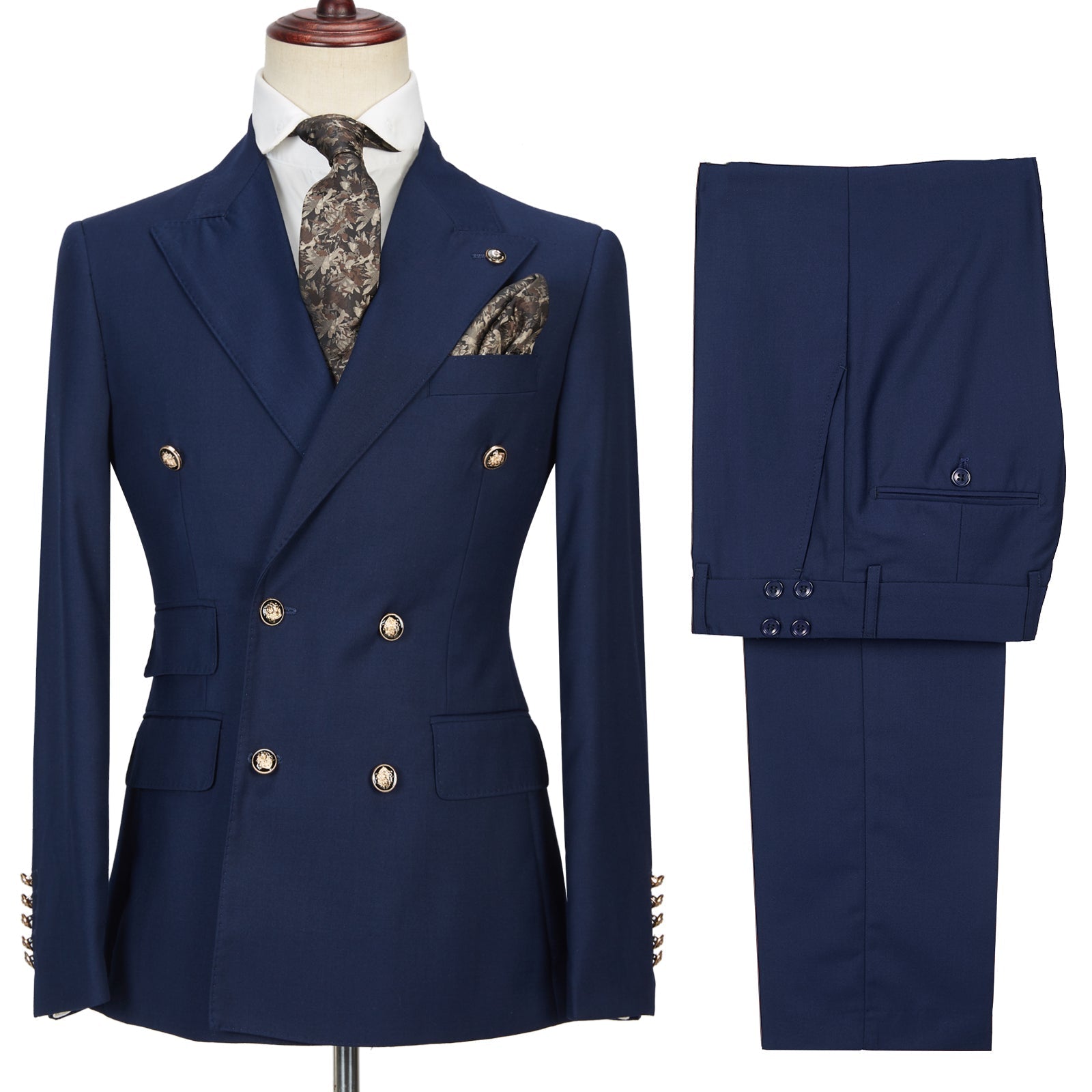 Dark Navy Peak Lapel Double Breasted Formal Men Suit for Prom-showprettydress