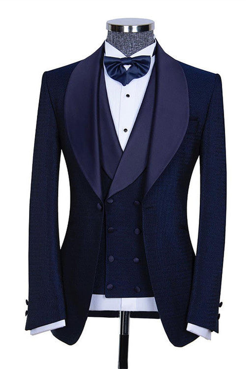 Dark Navy Shawl Lapel Three Pieces Slim Fit Wedding Suits for Men-showprettydress