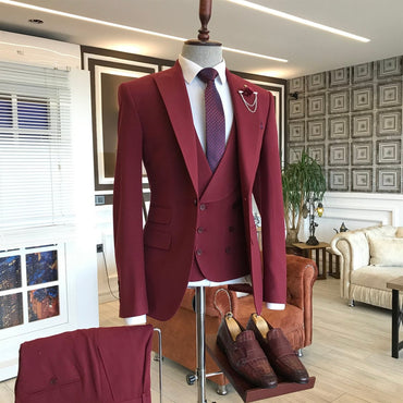 Dark Red Three Pieces Peaked Lapel Men Suits-showprettydress