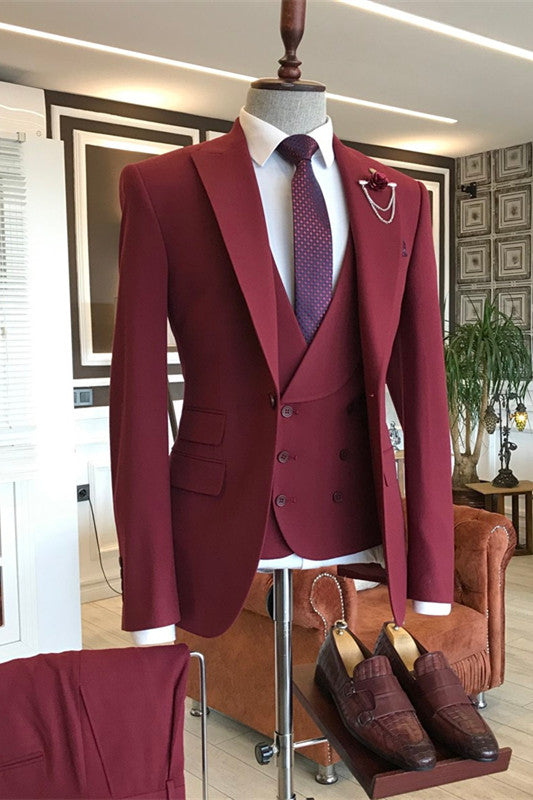 Dark Red Three Pieces Peaked Lapel Men Suits-showprettydress