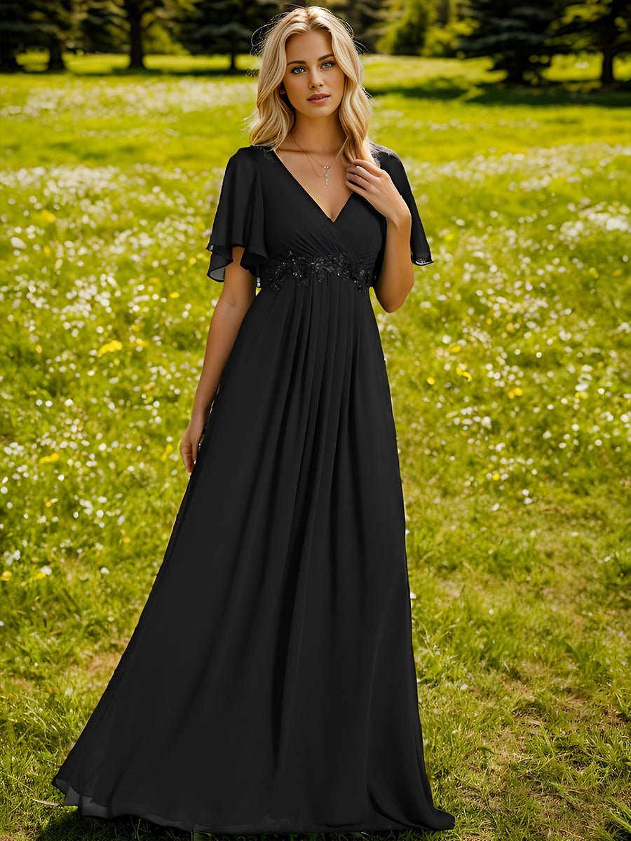 Darnika short sleeve chiffon evening or bridesmaid dress - Bay Bridal and Ball Gowns