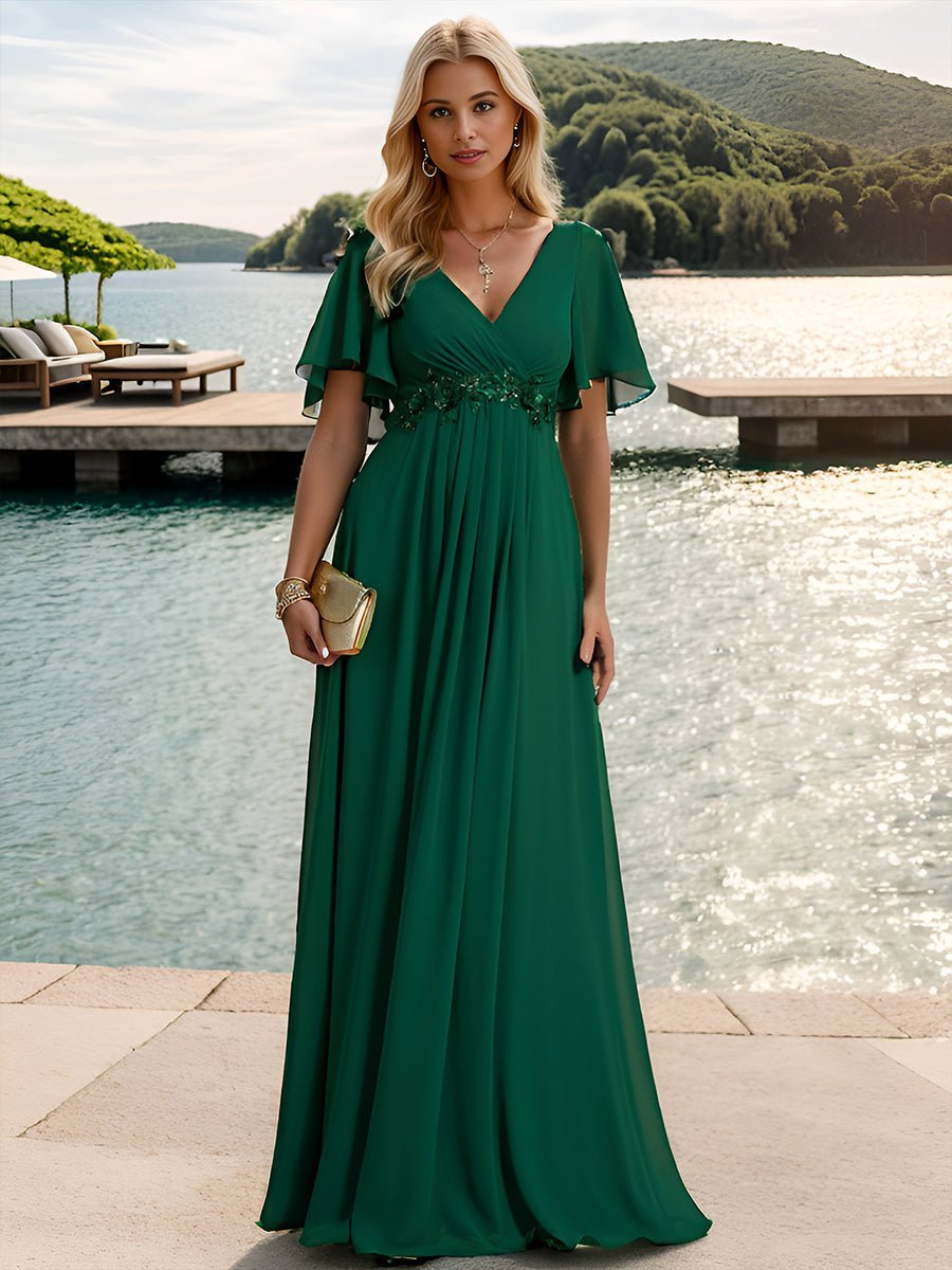 Darnika short sleeve chiffon evening or bridesmaid dress - Bay Bridal and Ball Gowns