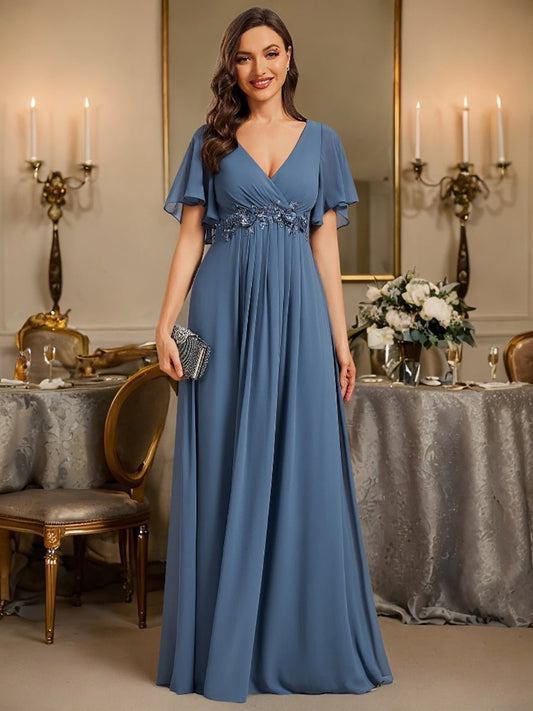 Darnika short sleeve chiffon evening or bridesmaid dress - Bay Bridal and Ball Gowns