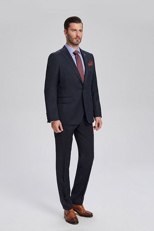 Decent Navy Blue Jacquard Mens Suits for Business-showprettydress