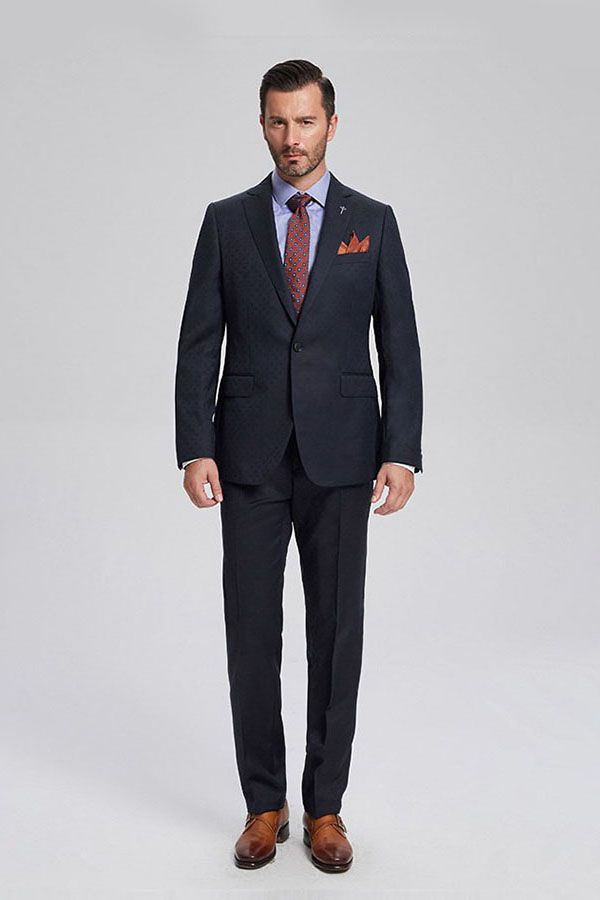 Decent Navy Blue Jacquard Mens Suits for Business-showprettydress