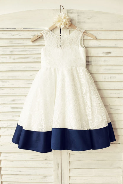 Deep V Back Ivory Lace Flower Girl Dress with Navy Blue Bow