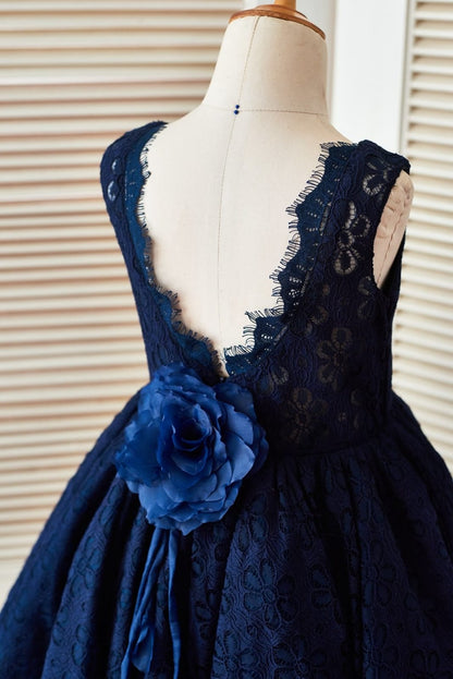 Deep V Back Navy Blue Lace Wedding Flower Girl Dress with 