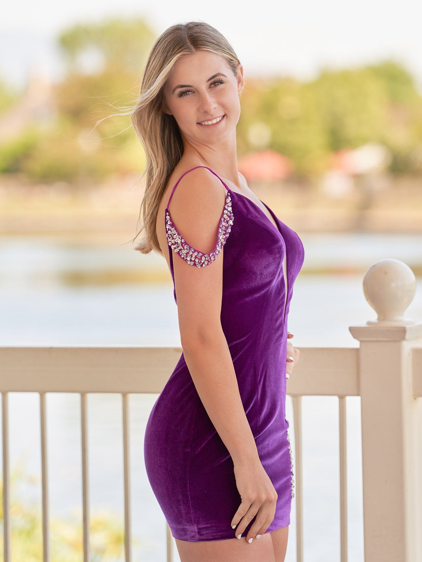 Delilah | Bodycon Velvet Deep V-Neck illusion Purple Beaded Homecoming Dress