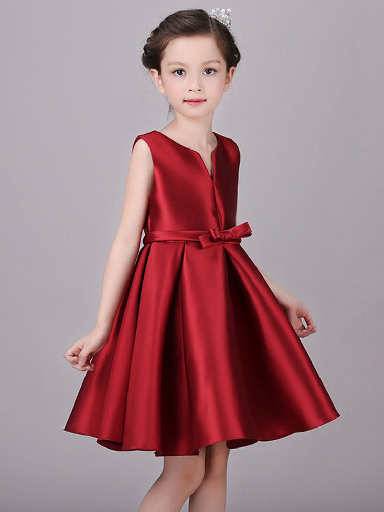 Designed Neckline Satin Fabric Sleeveless Short Princess Bows Kids Social Party Dresses-showprettydress