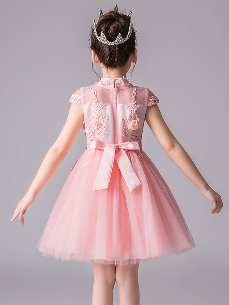 Designed Neckline Sleeveless Bows Kids Social Party Dresses-showprettydress