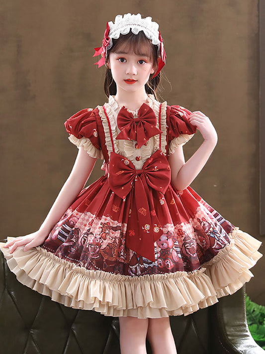 Designed Neckline Tulle Short Sleeves Short A-Line Bows Red Kids Party Dresses-showprettydress