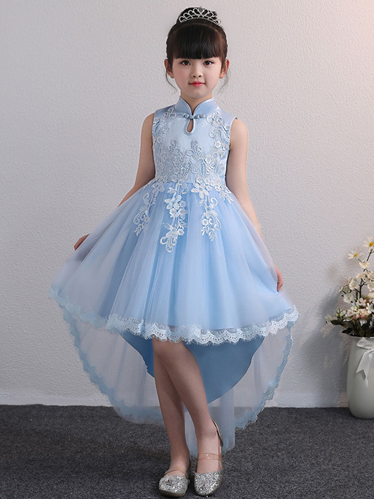 Designed Neckline Tulle Sleeveless Short High Low Princess Embroidered Kids Party Dresses-showprettydress