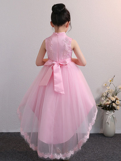 Designed Neckline Tulle Sleeveless Short High Low Princess Embroidered Kids Party Dresses-showprettydress