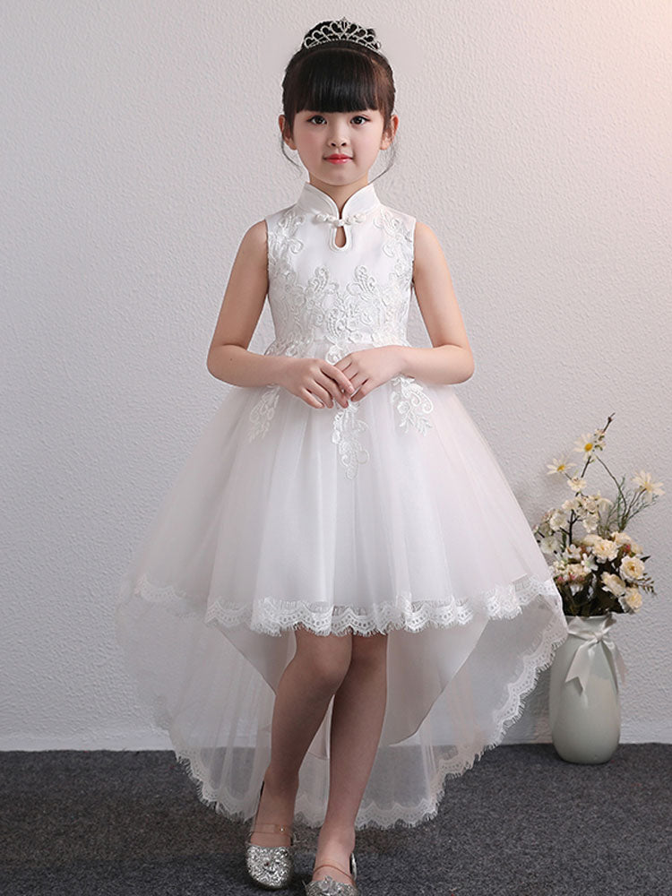 Designed Neckline Tulle Sleeveless Short High Low Princess Embroidered Kids Party Dresses-showprettydress