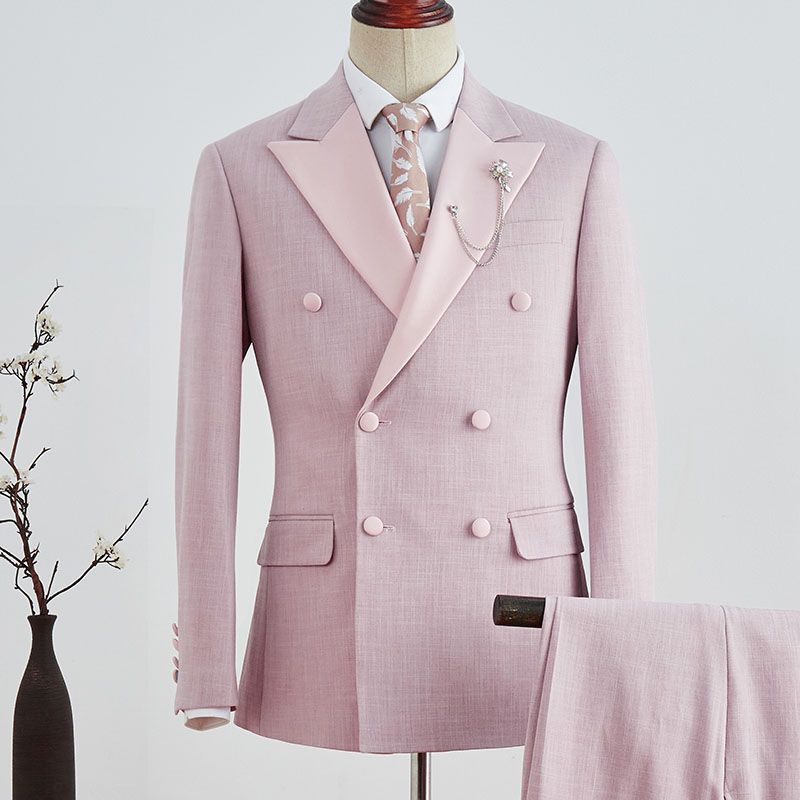 Designer Pink Plaid Peaked Lapel Double Breasted Prom Suit-showprettydress