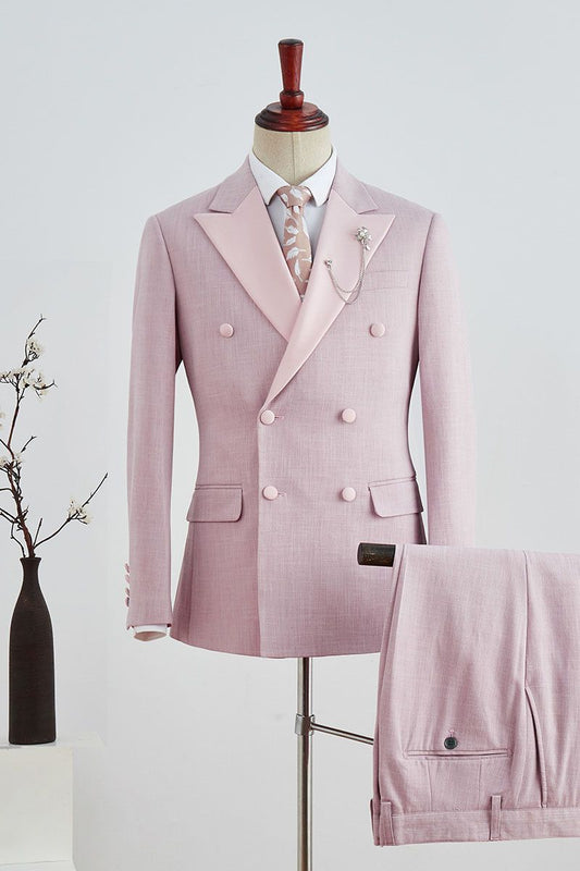 Designer Pink Plaid Peaked Lapel Double Breasted Prom Suit-showprettydress