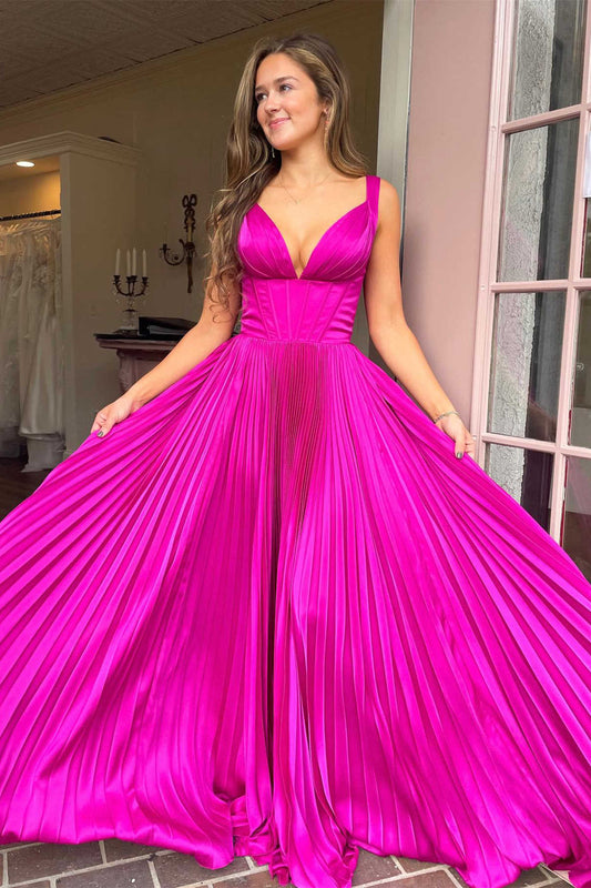 Roycebridal Luella | A-Line V-Neck Fuchsia Pleated Long Prom Dress