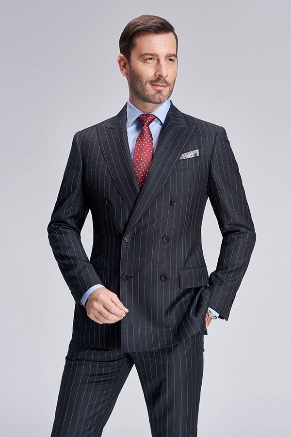 Double Breasted Mens Suits Stripes Dark Grey Suits for Men-showprettydress