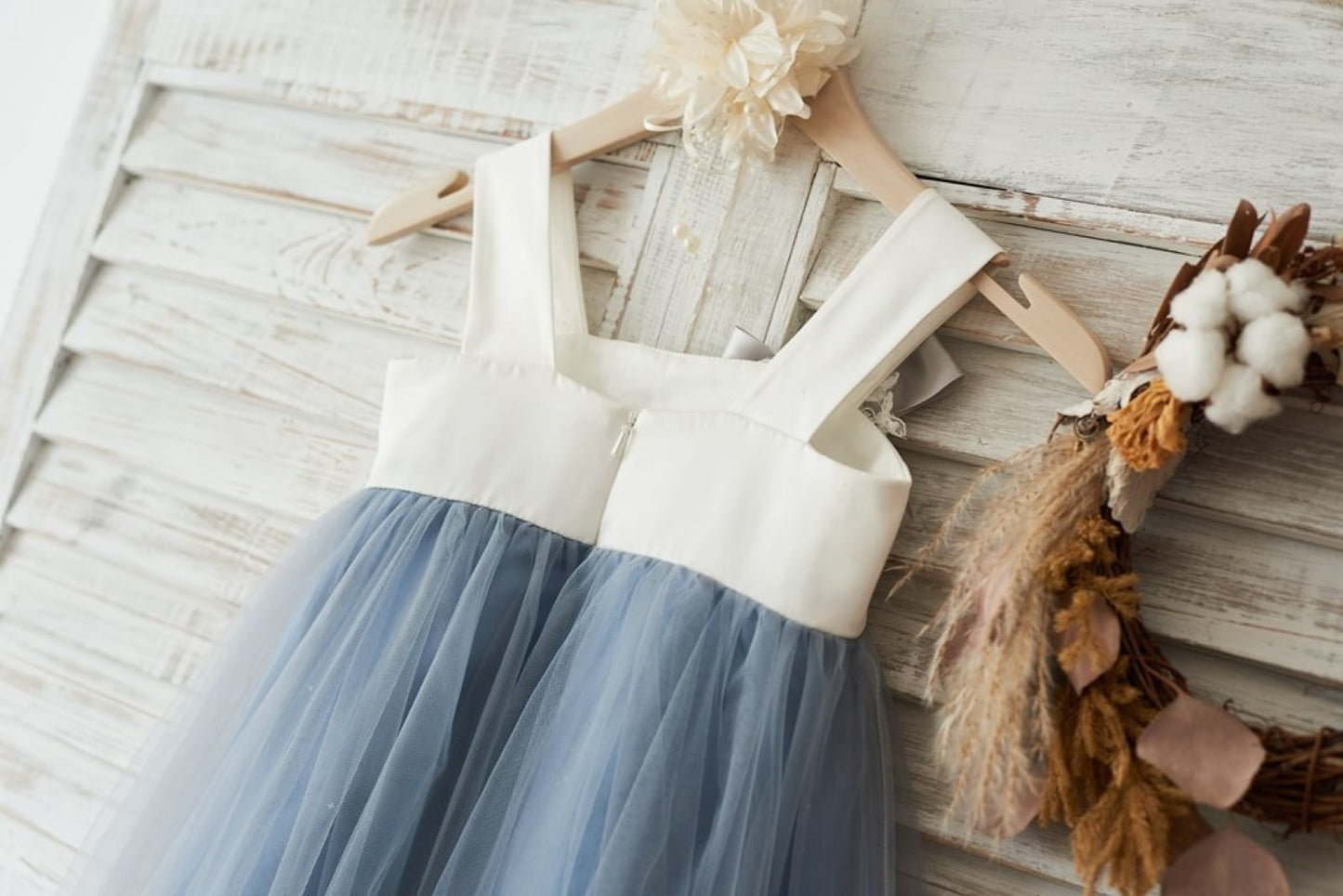 Dusty Blue Tulle Beaded Lace Wedding Flower Girl Dress