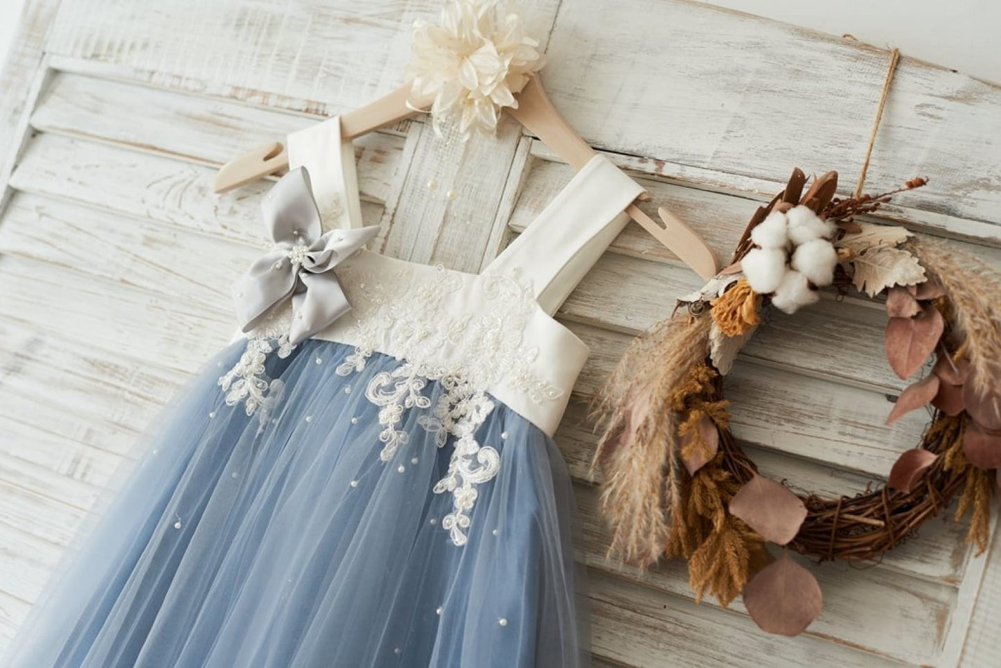 Dusty Blue Tulle Beaded Lace Wedding Flower Girl Dress