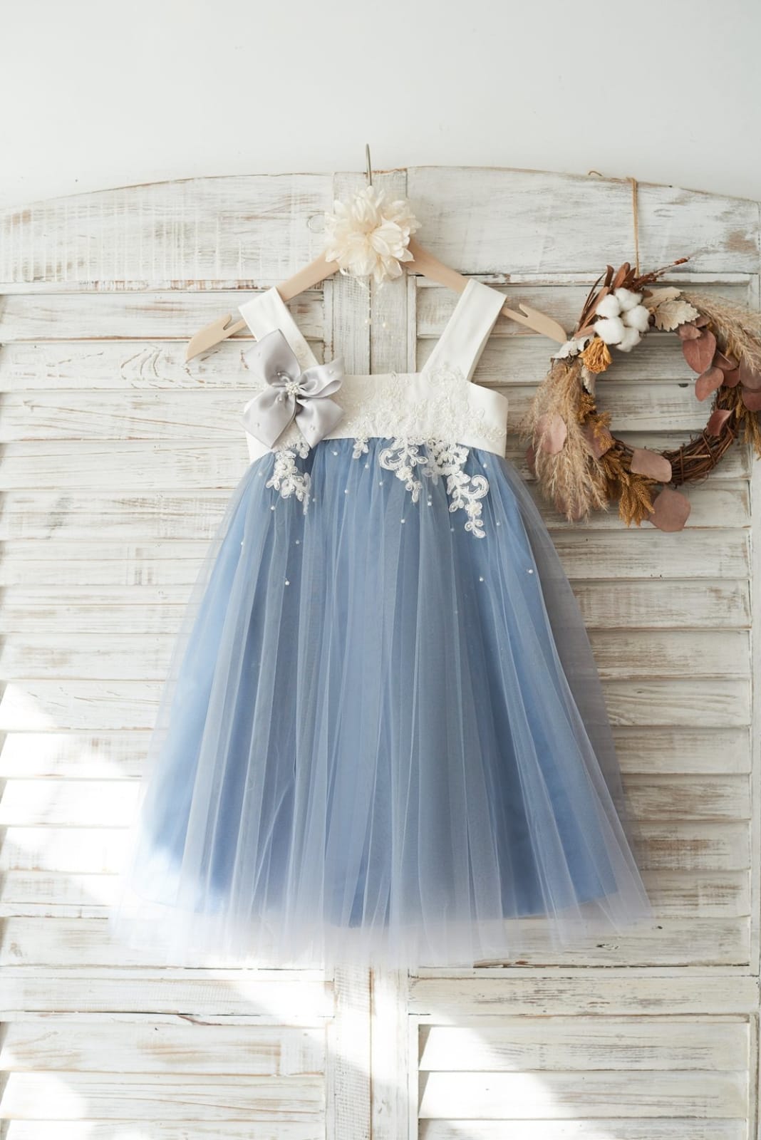 Dusty Blue Tulle Beaded Lace Wedding Flower Girl Dress