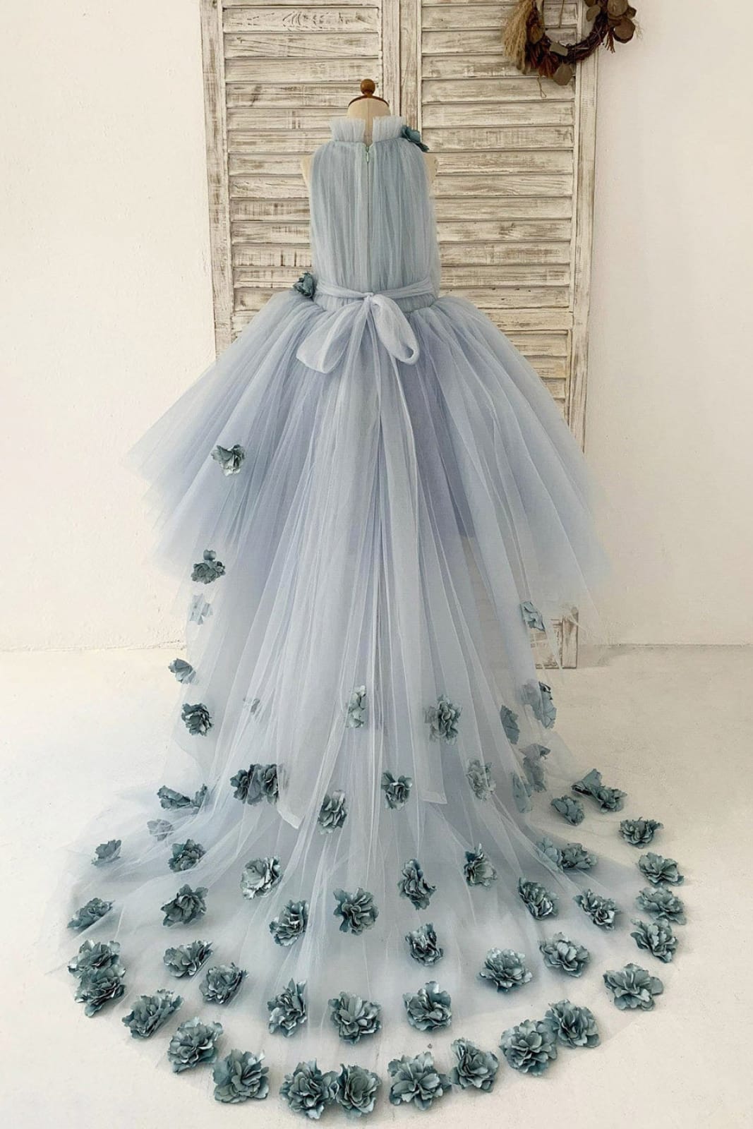 Dusty Blue Tulle Hi Low Wedding Flower Girl Dress Kids Party