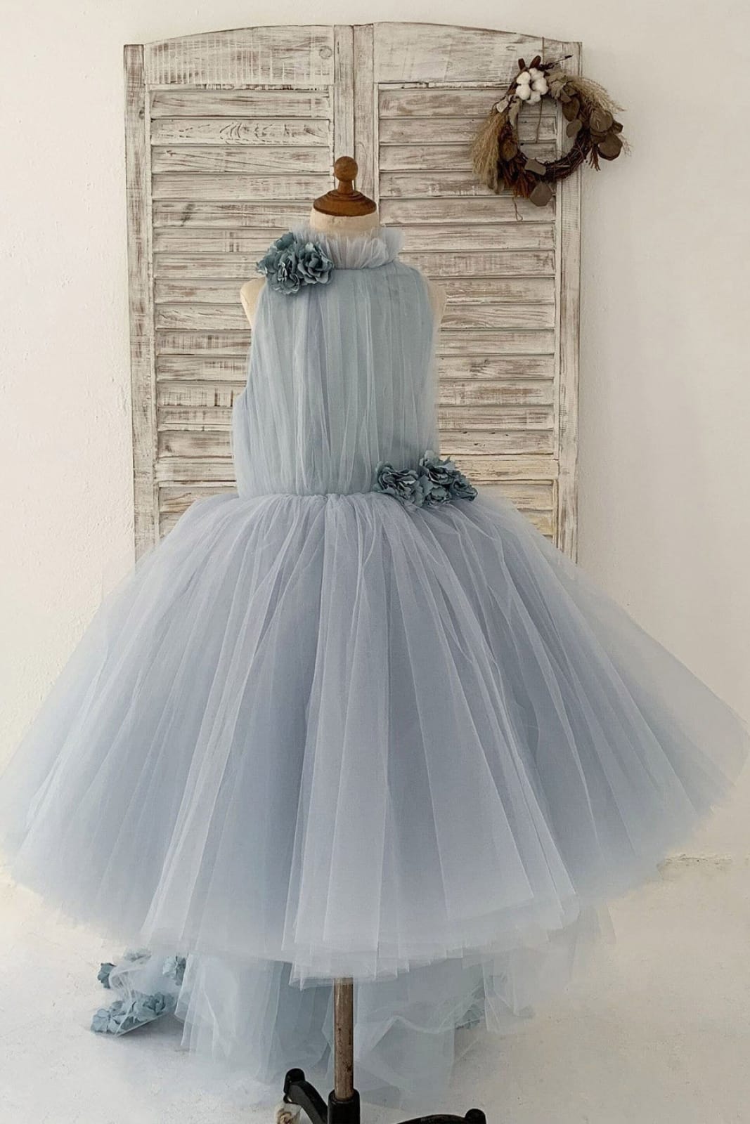 Dusty Blue Tulle Hi Low Wedding Flower Girl Dress Kids Party